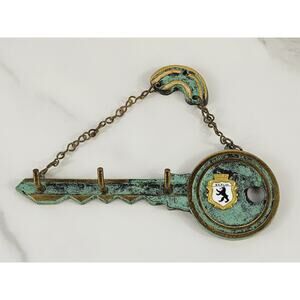 Metal Key Holder Key Shaped w/ 3 Hooks 5 1/4" Wall Mounted Green Patina Berlin